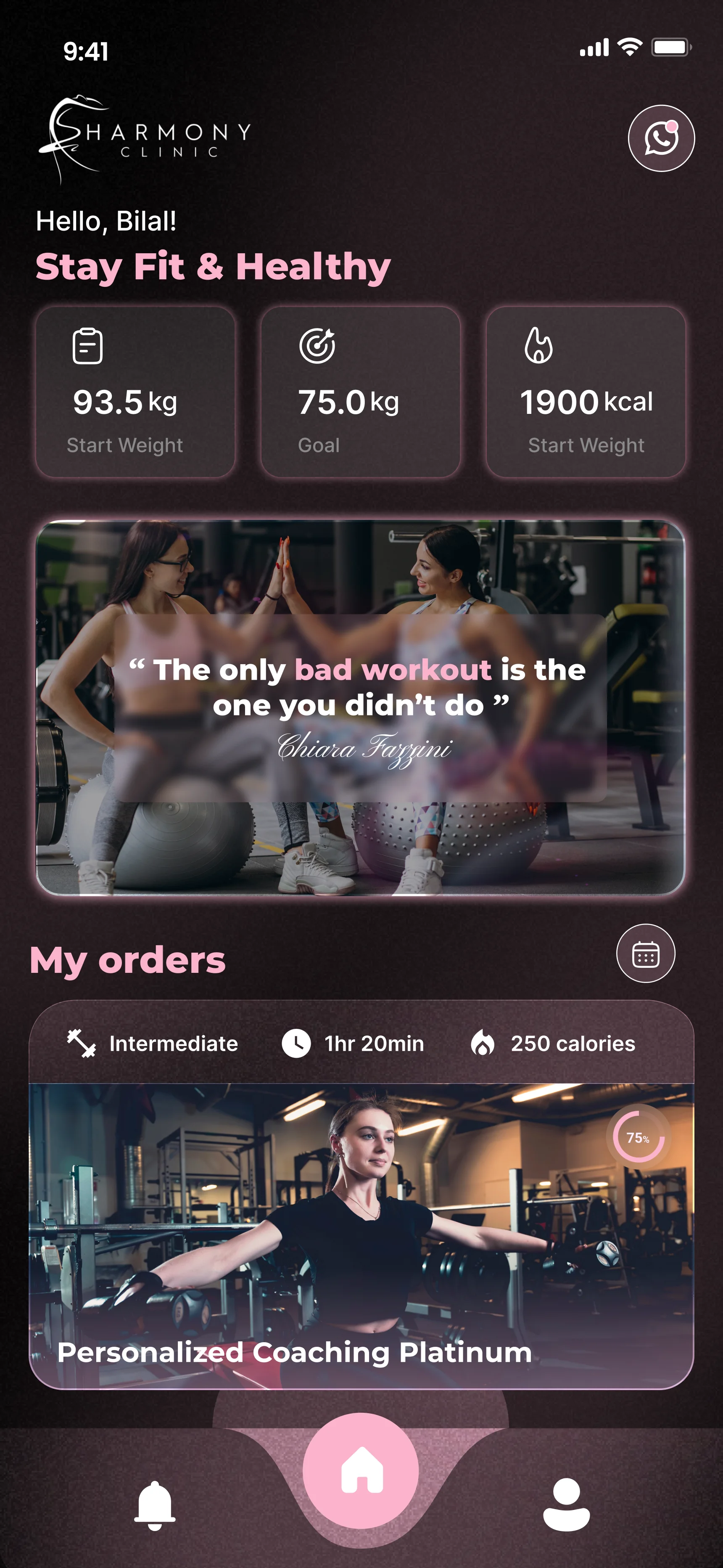 Trainiza client app Harmony theme showing workout tracking and exercise video interface