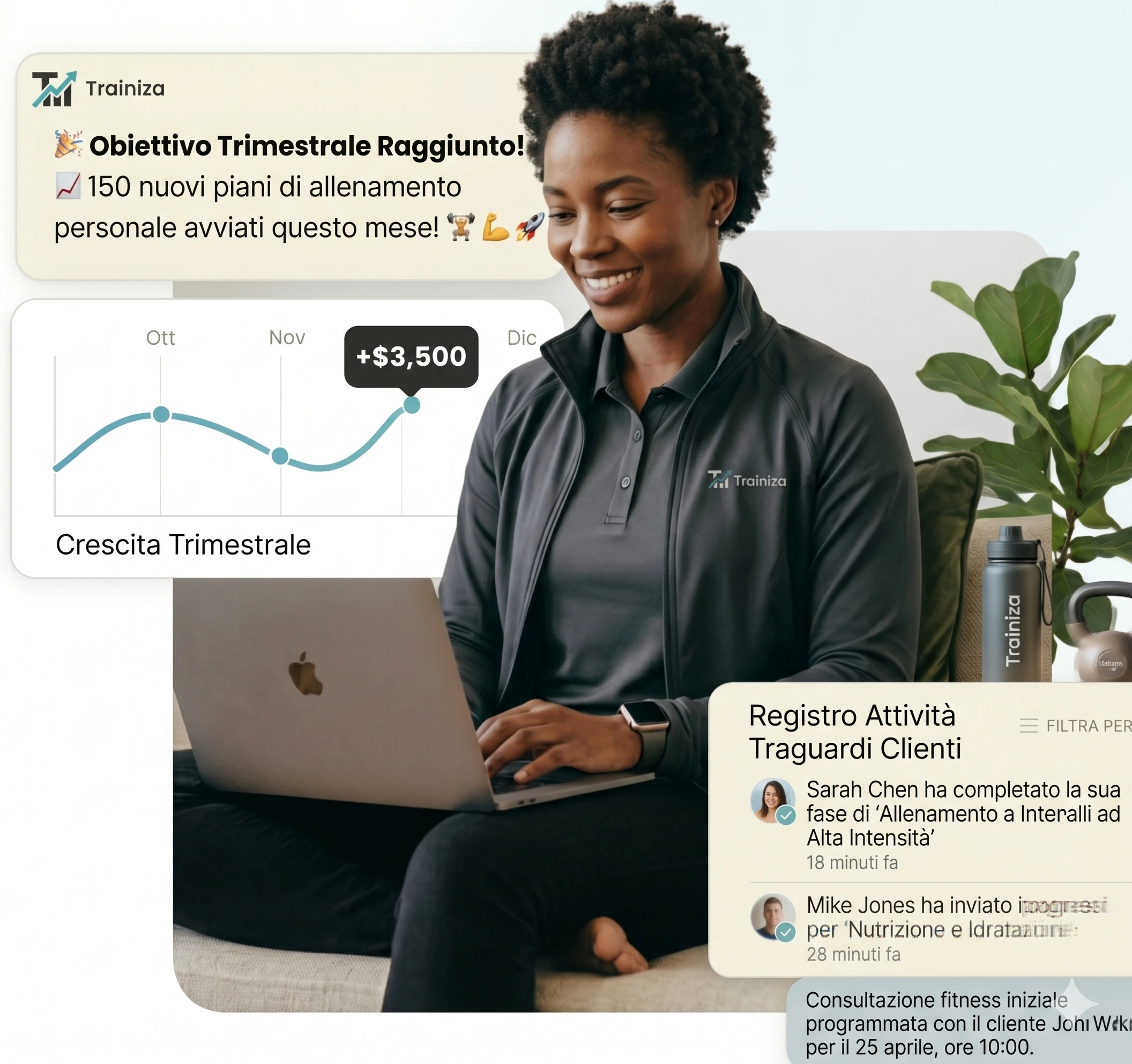 Interfaccia Trainiza per gestione allenamenti, pianificazione e monitoraggio clienti