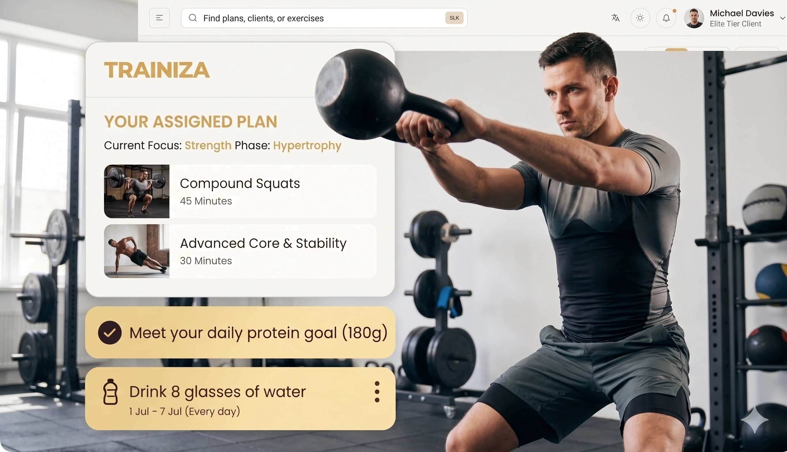 Trainiza workout program builder showing personalized training plans for personal trainer clients
