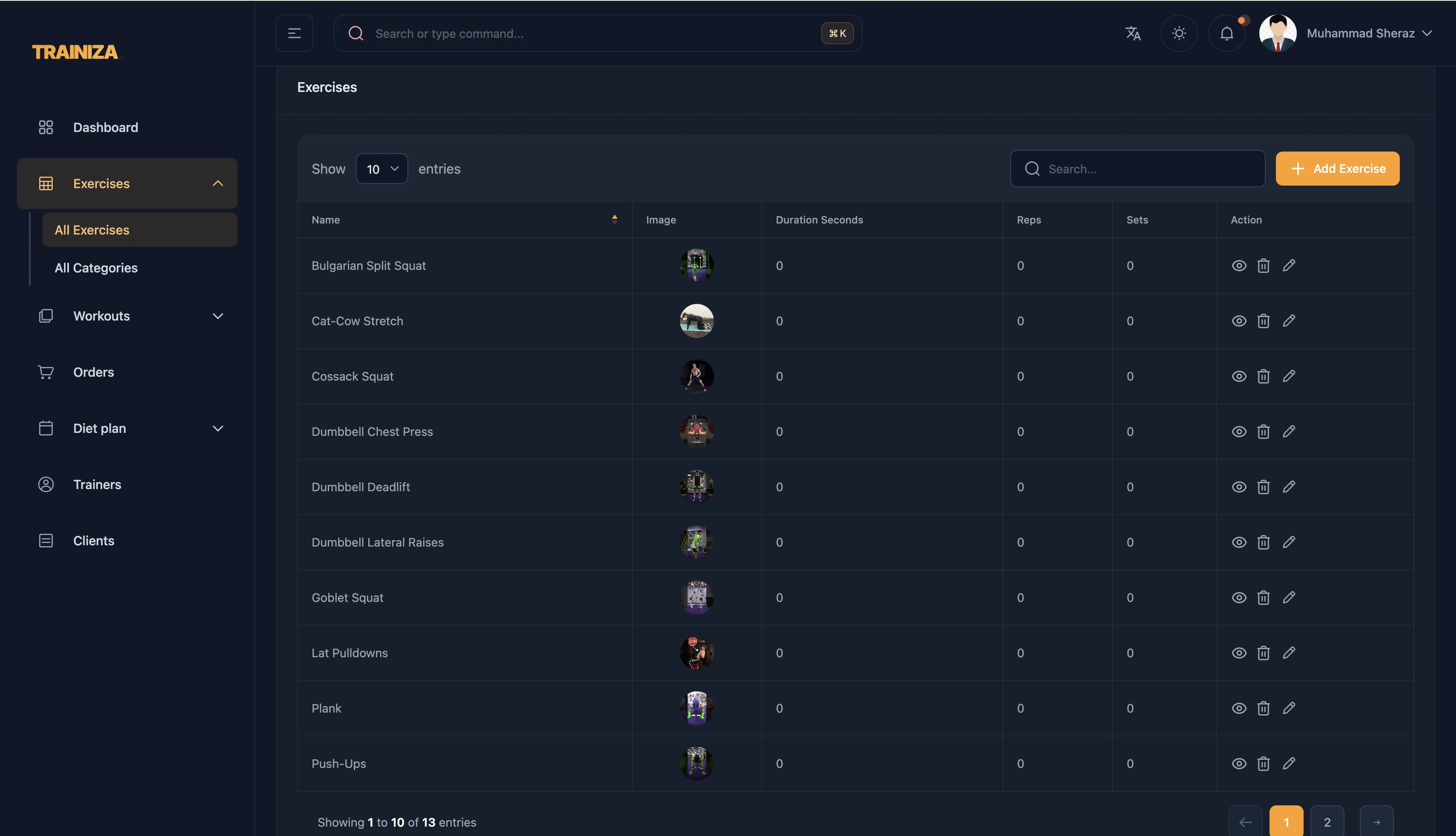 Trainiza trainer portal exercises management view