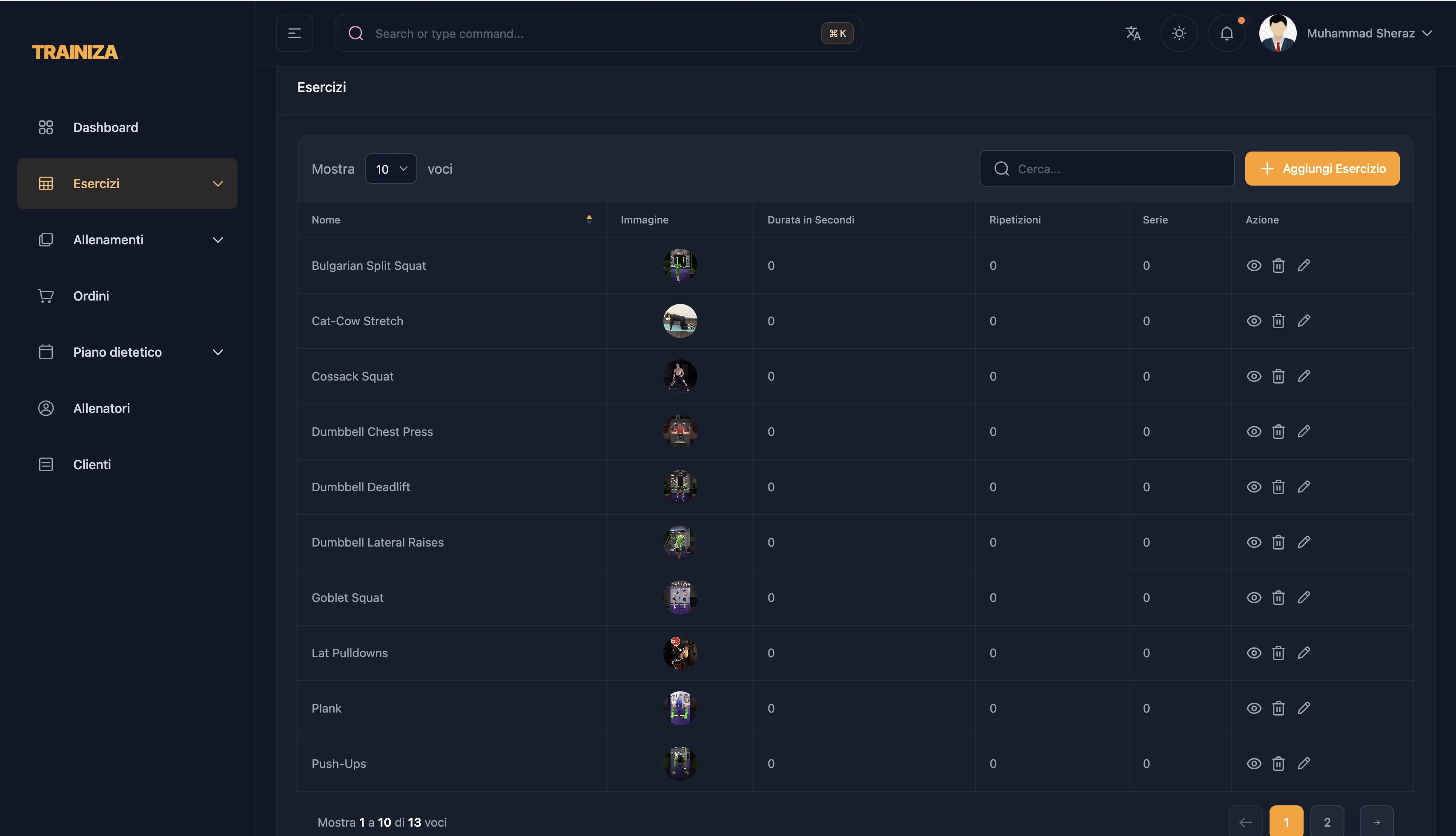 Vista gestione esercizi del portale trainer di Trainiza