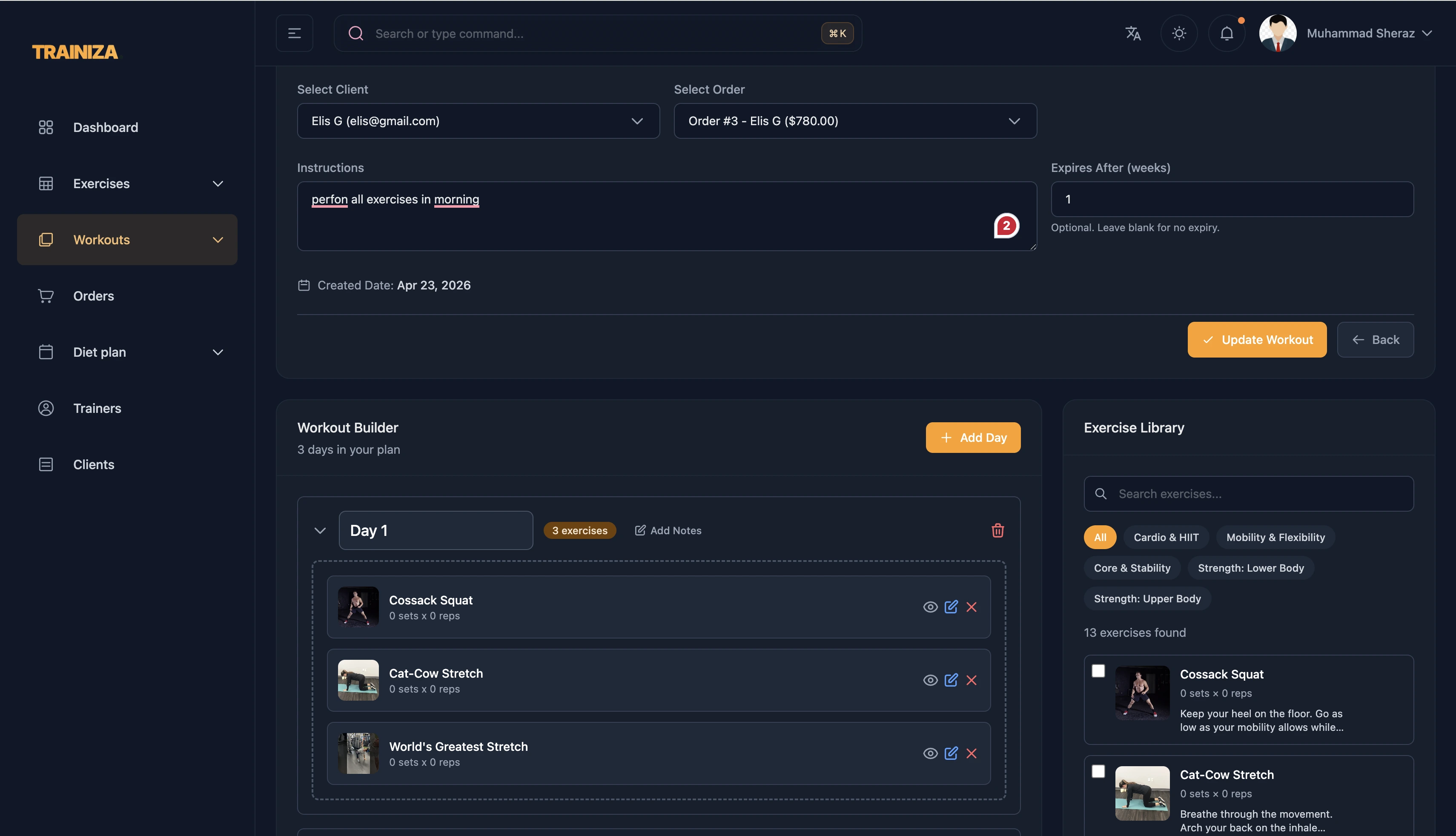 Trainiza trainer portal workout builder view
