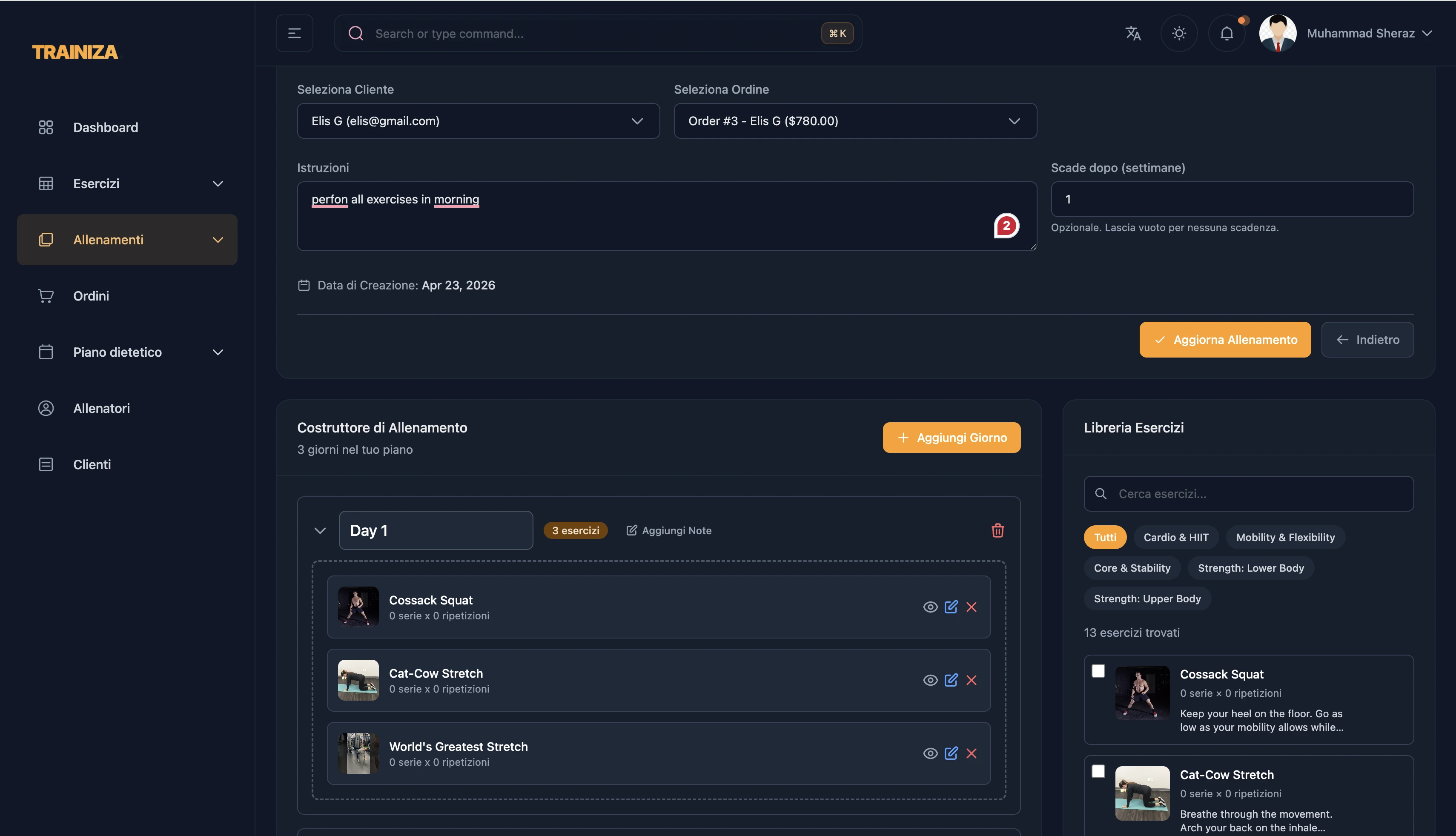 Vista workout builder del portale trainer di Trainiza